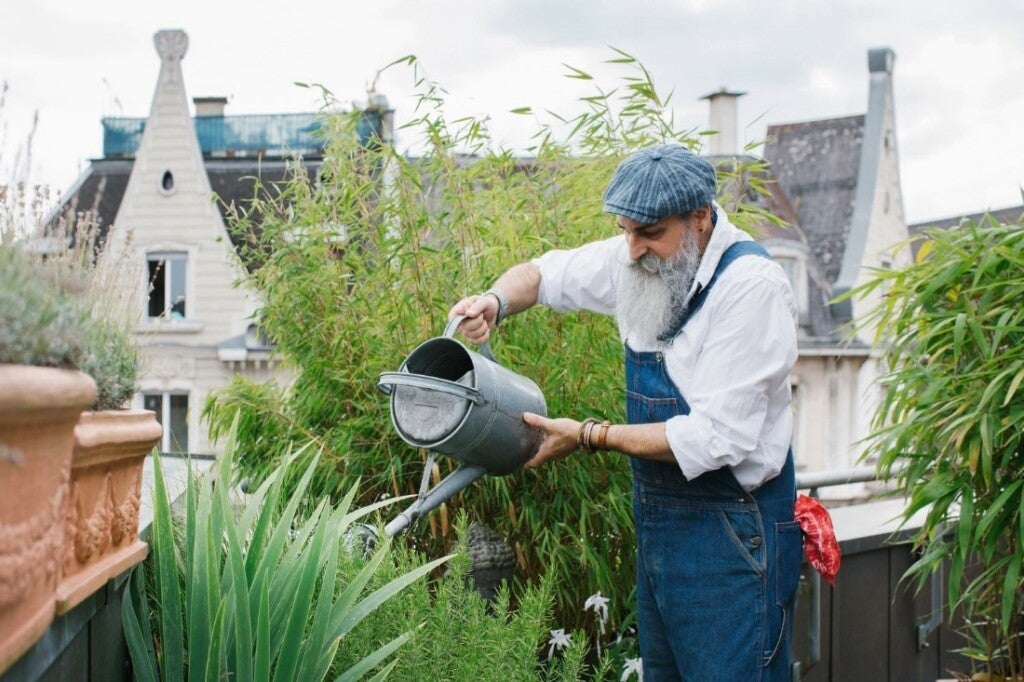 Old man watering a plant